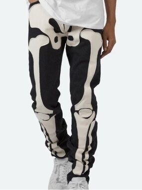 MNML skeleton jeans featuring a white bone print on black denim.